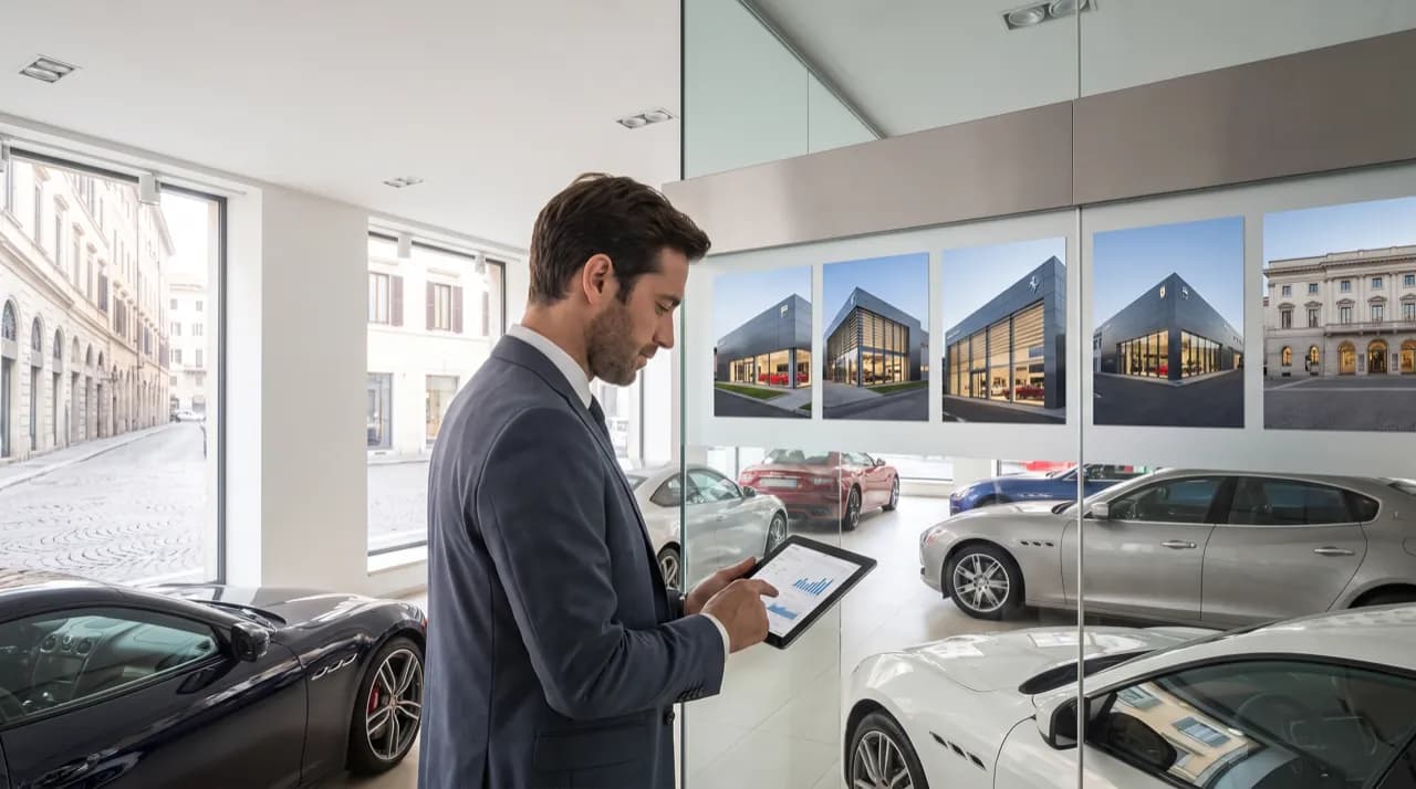 Responsabile di area consulta su tablet l'andamento dei punti vendita di un gruppo automotive.